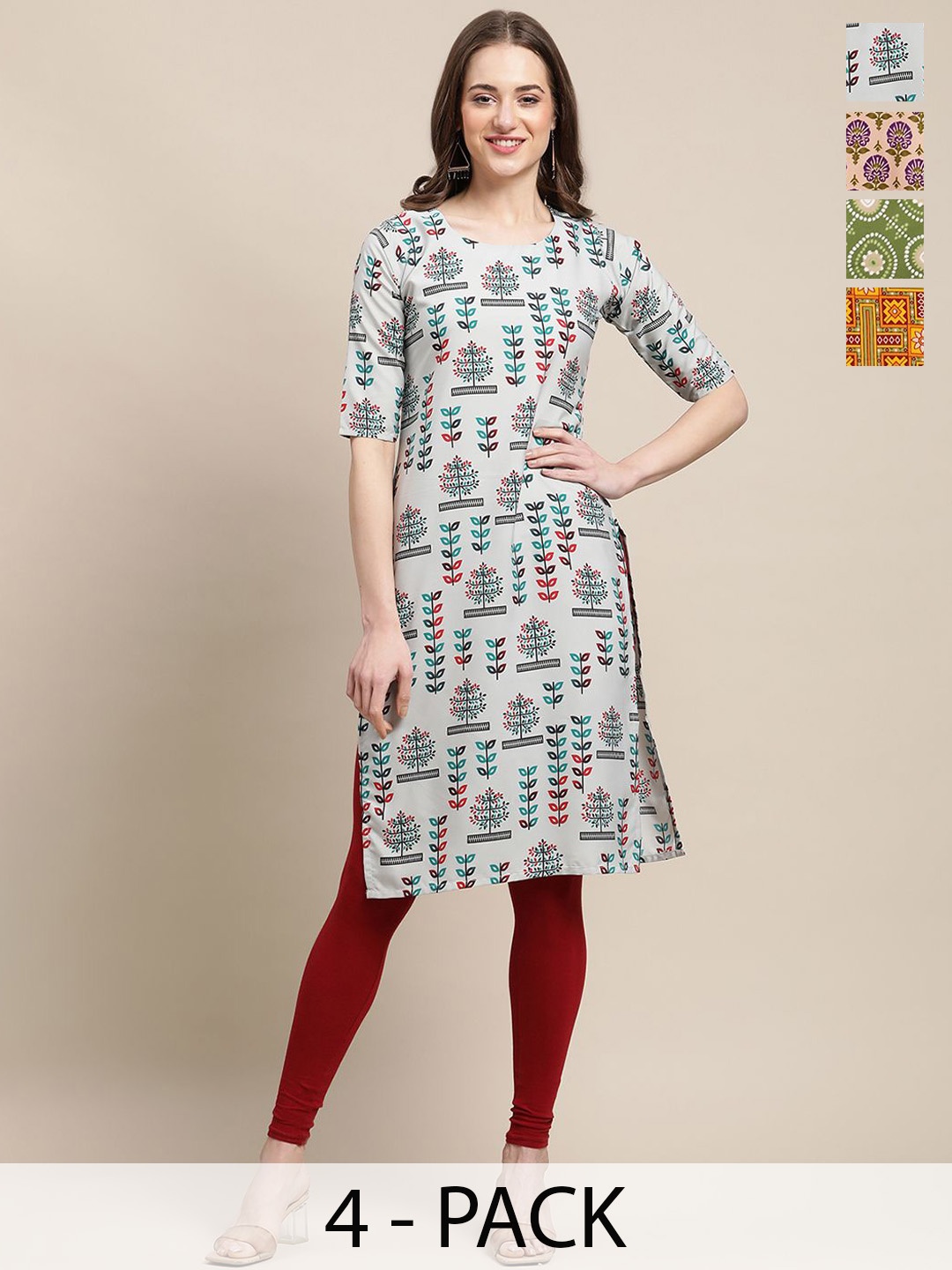 

7Threads Selections Of 4 Ethnic Motifs Printed Straight Kurtas, Grey