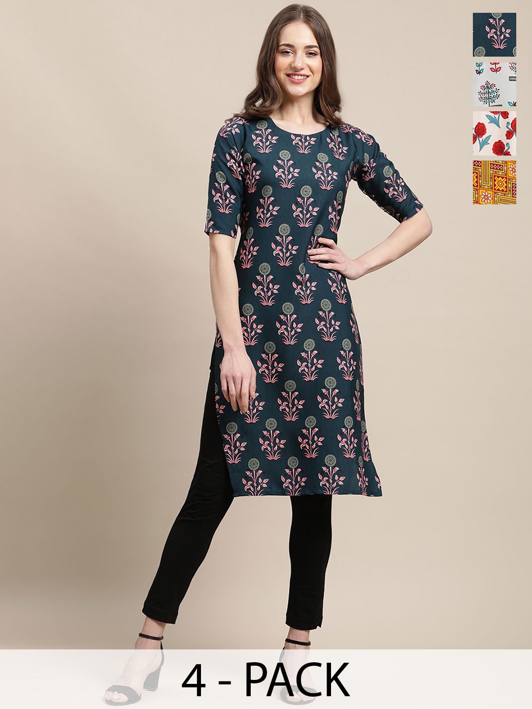 

7Threads Selection of 4 Floral & Geometric Printed Straight Kurtas, Navy blue