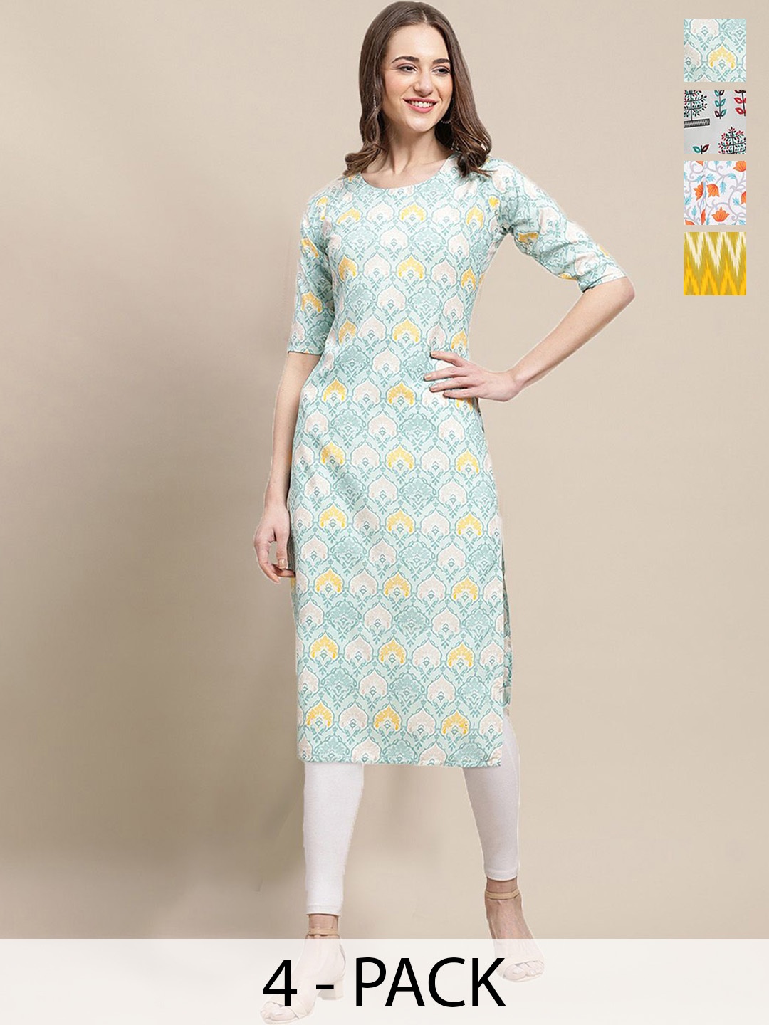 

7Threads Selection Of 4 Ethnic Motifs Printed Round Neck Straight Crepe Kurtas, Blue