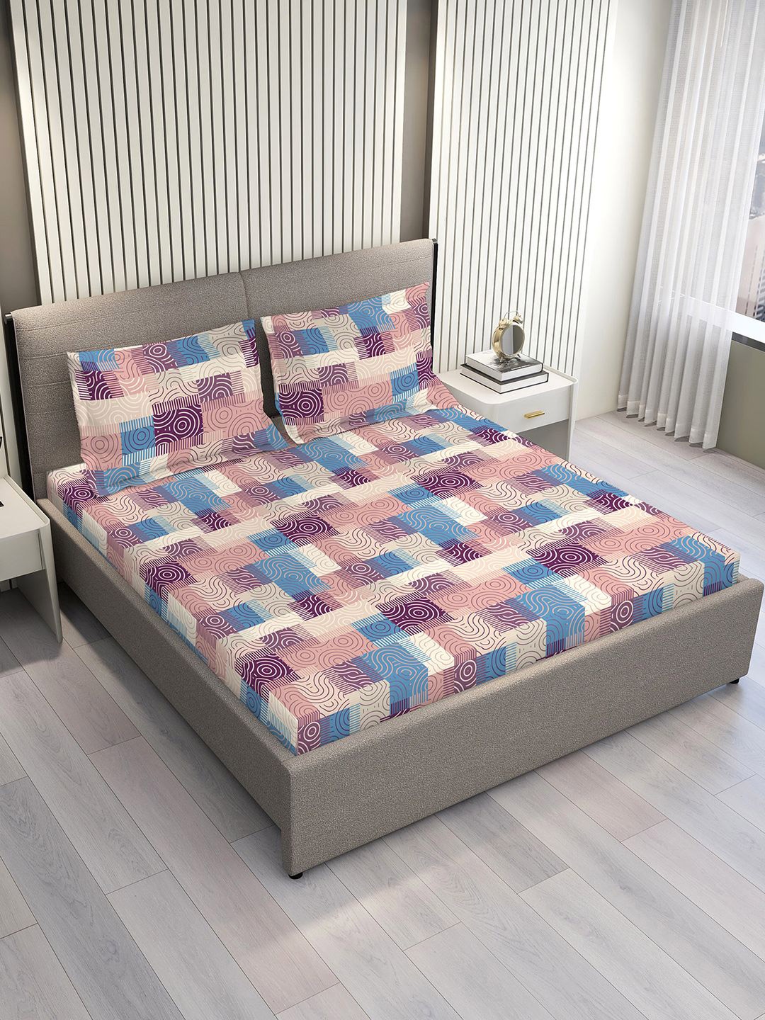 

Layers Pink & Blue Geometric 120 TC Pure Cotton King Bedsheet Set-2.74 m x 2.74 m