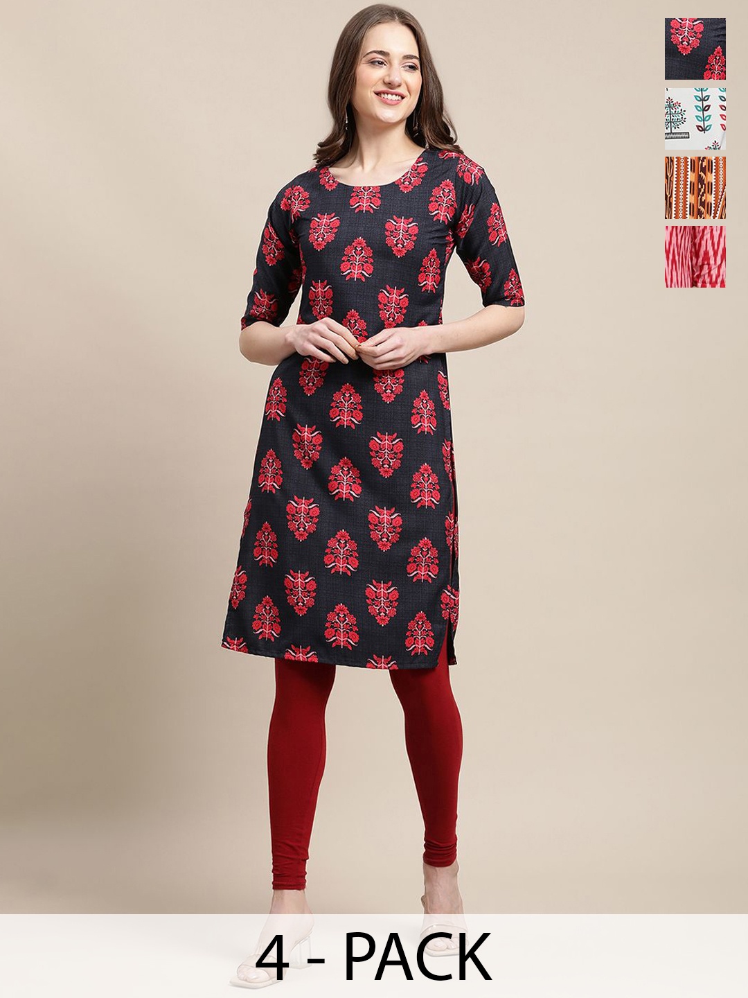 

7Threads Selection Of 4 Floral Printed Straight Kurta, Black