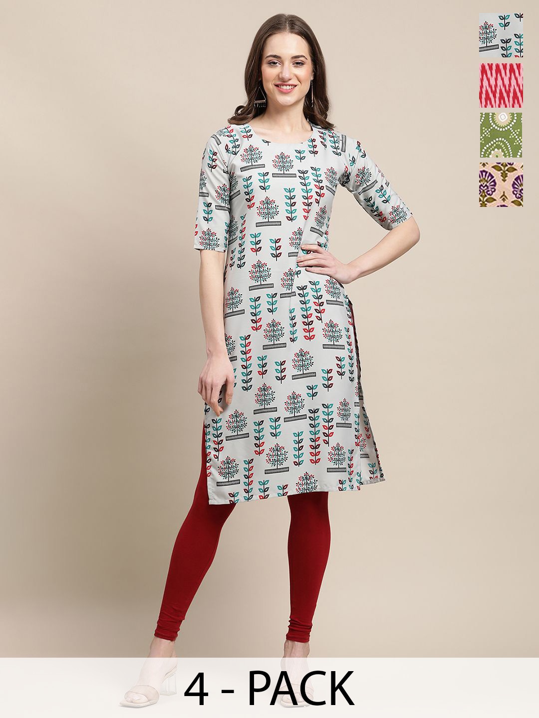 

7Threads Selection Of 4 Floral Printed Round Neck Straight Kurtas, Off white