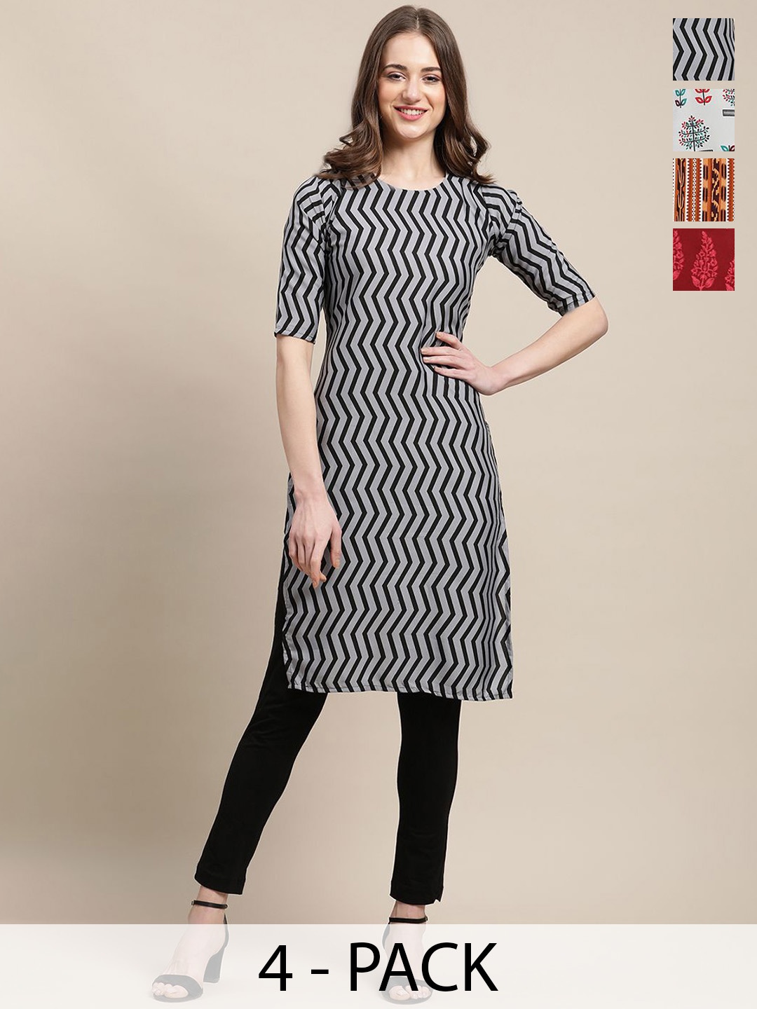 

7Threads Selection of 4 Chevron Printed Round Neck Kurtas, Black