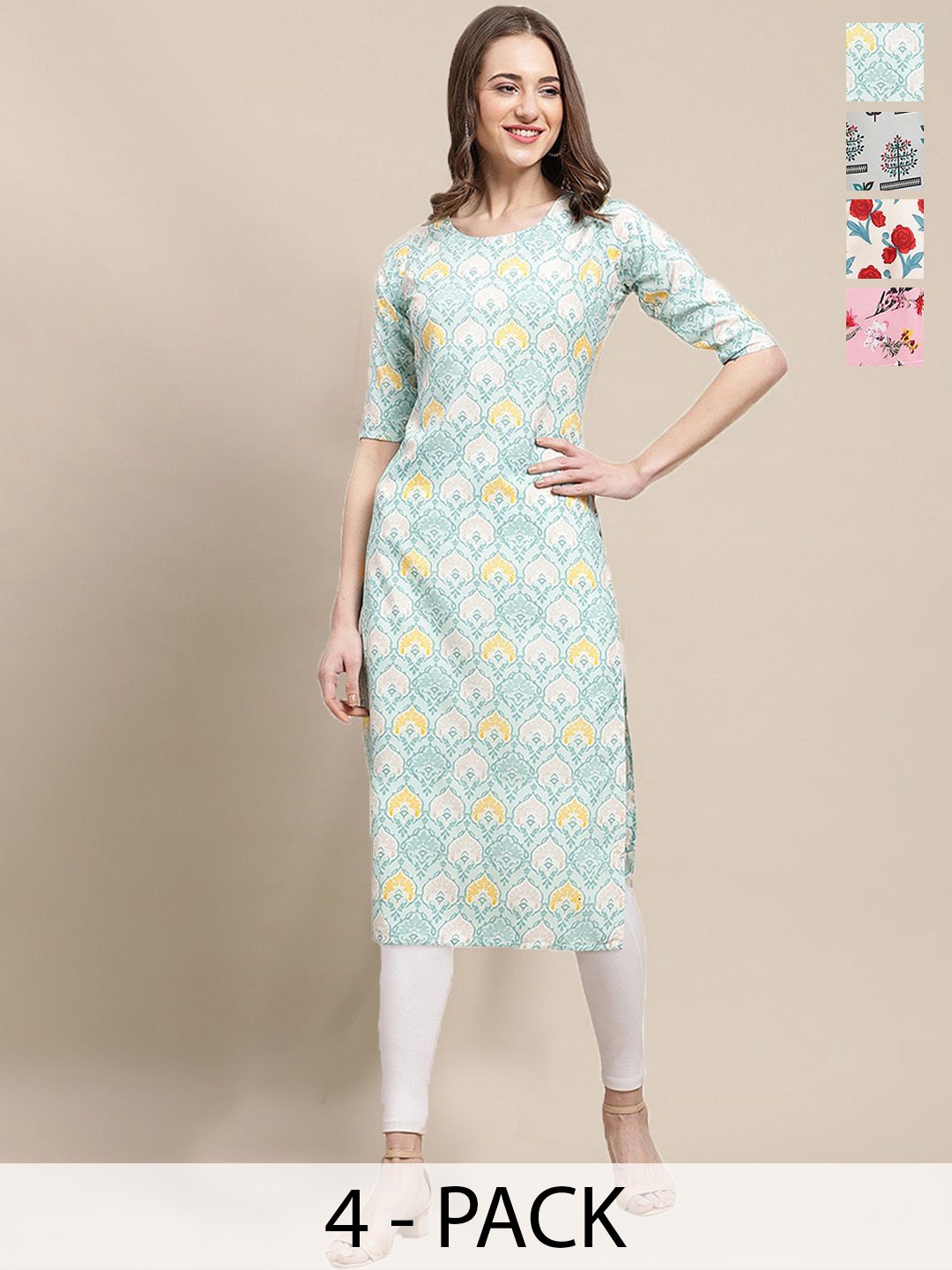 

7Threads Selection Of 4 Ethnic Motifs Printed Straight Kurta, Blue