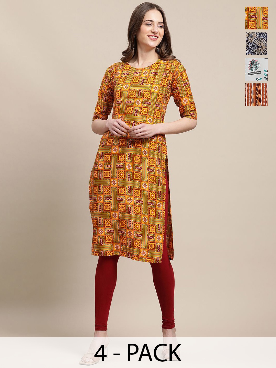 

7Threads Selection of 4 Floral & Geometric Printed Straight Kurtas, Orange