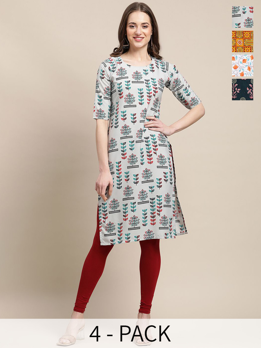 

7Threads Selection Of 4 Ethnic Motifs Printed Round Neck Straight Crepe Kurtas, Green