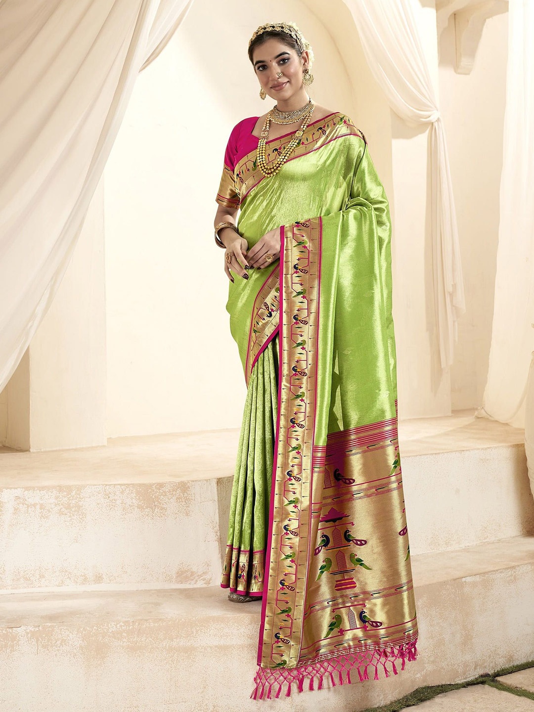 

MAHALASA Woven Design Zari Paithani Saree, Green
