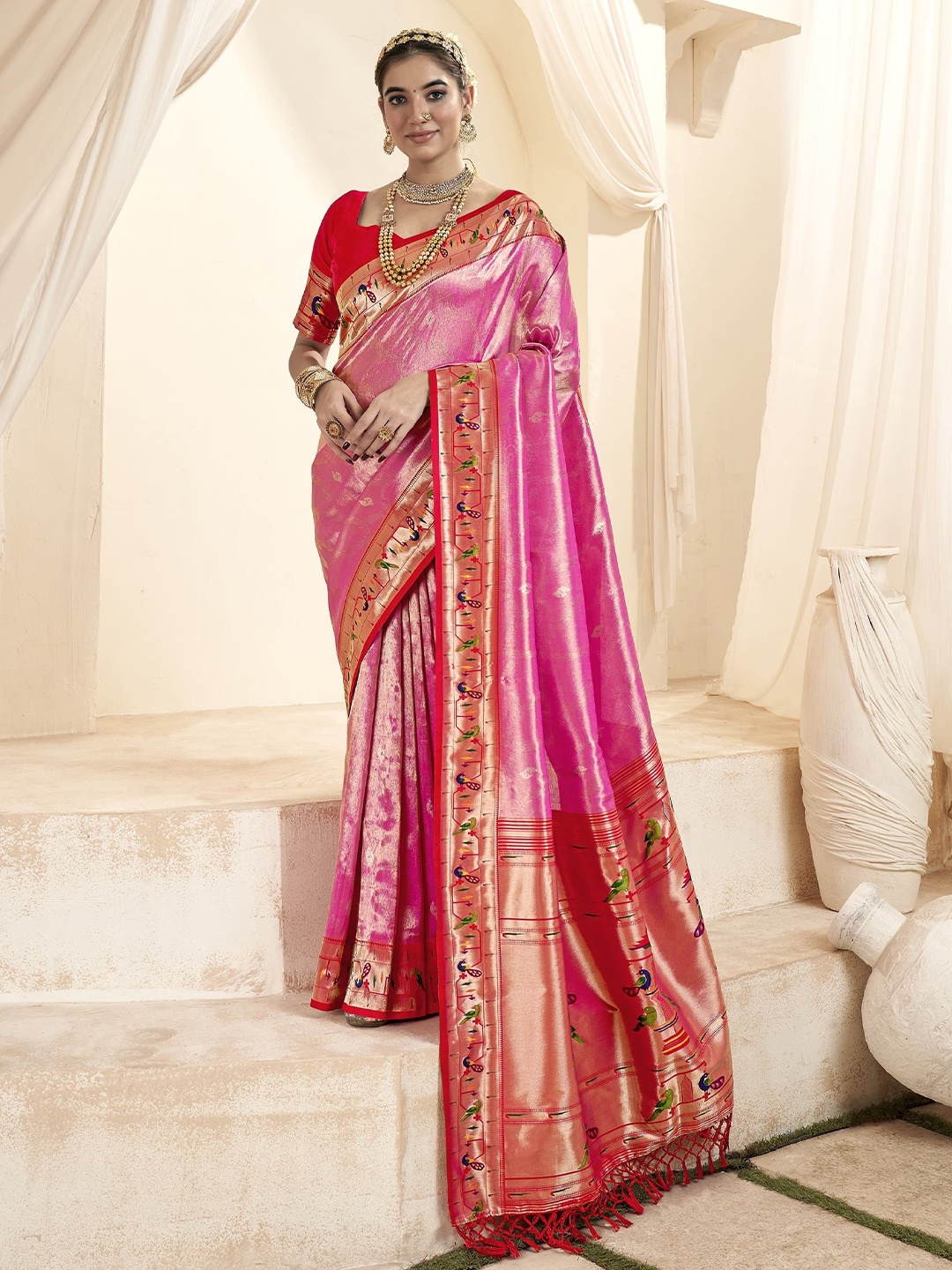 

MAHALASA Woven Design Zari Tissue Paithani Saree, Pink