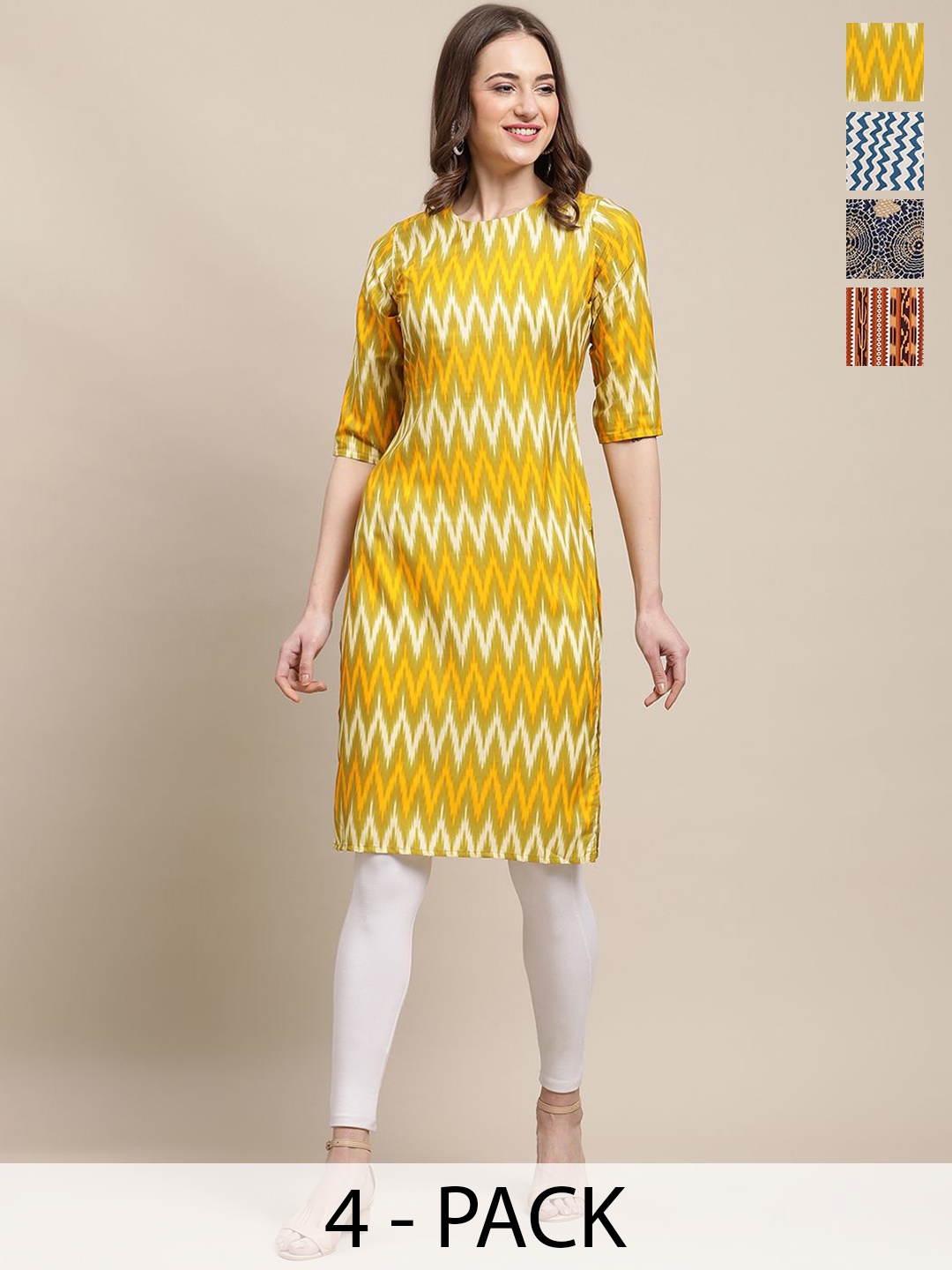 

7Threads Selection Of 4 Ethnic Motifs Printed Straight Kurtas, Yellow