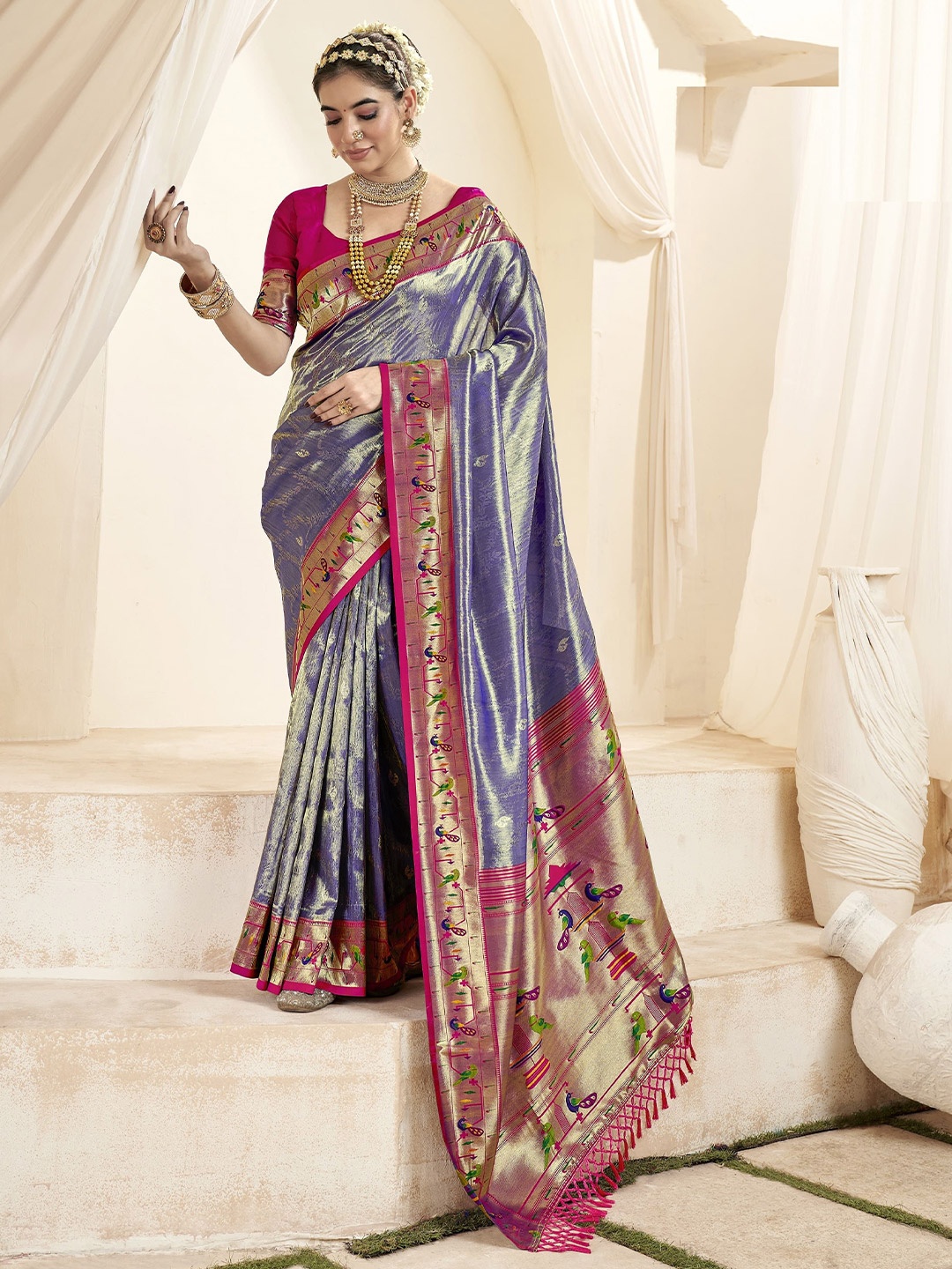 

MAHALASA Woven Design Zari Tissue Paithani Saree, Lavender