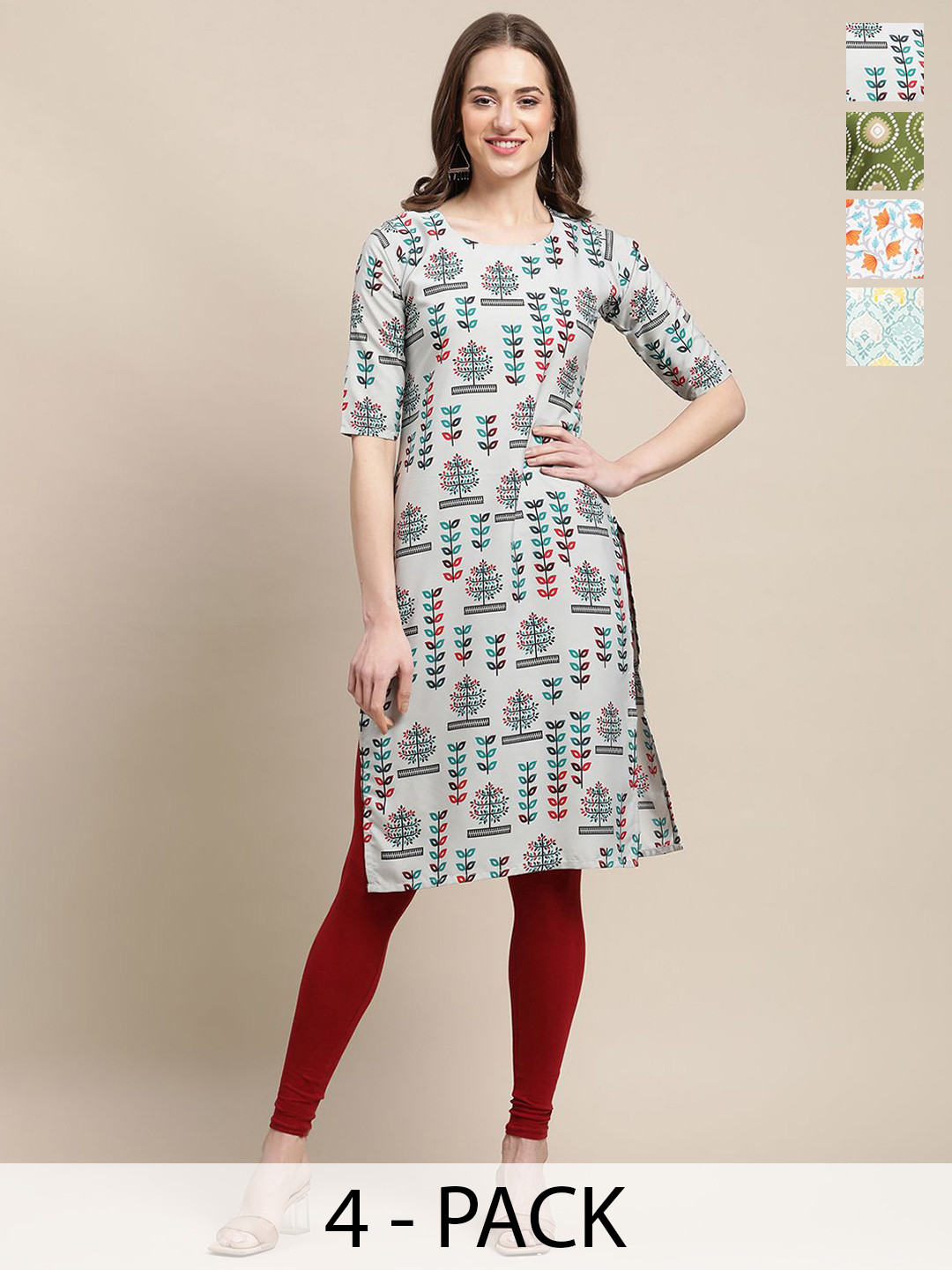

7Threads Pack Of 4 Floral Printed Round Neck Straight Crepe Kurta, Grey