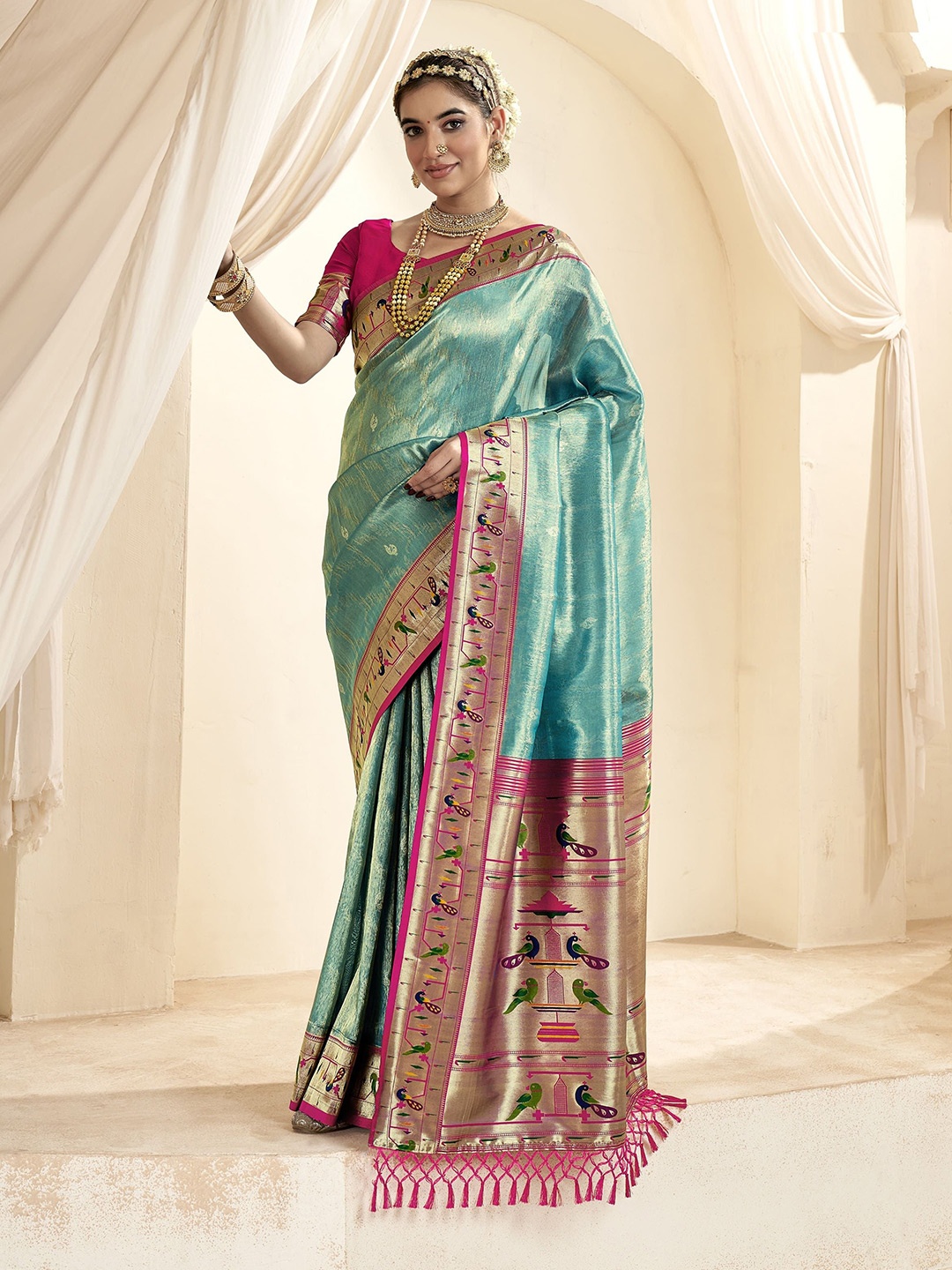 

MAHALASA Woven Design Zari Tissue Paithani Saree, Turquoise blue