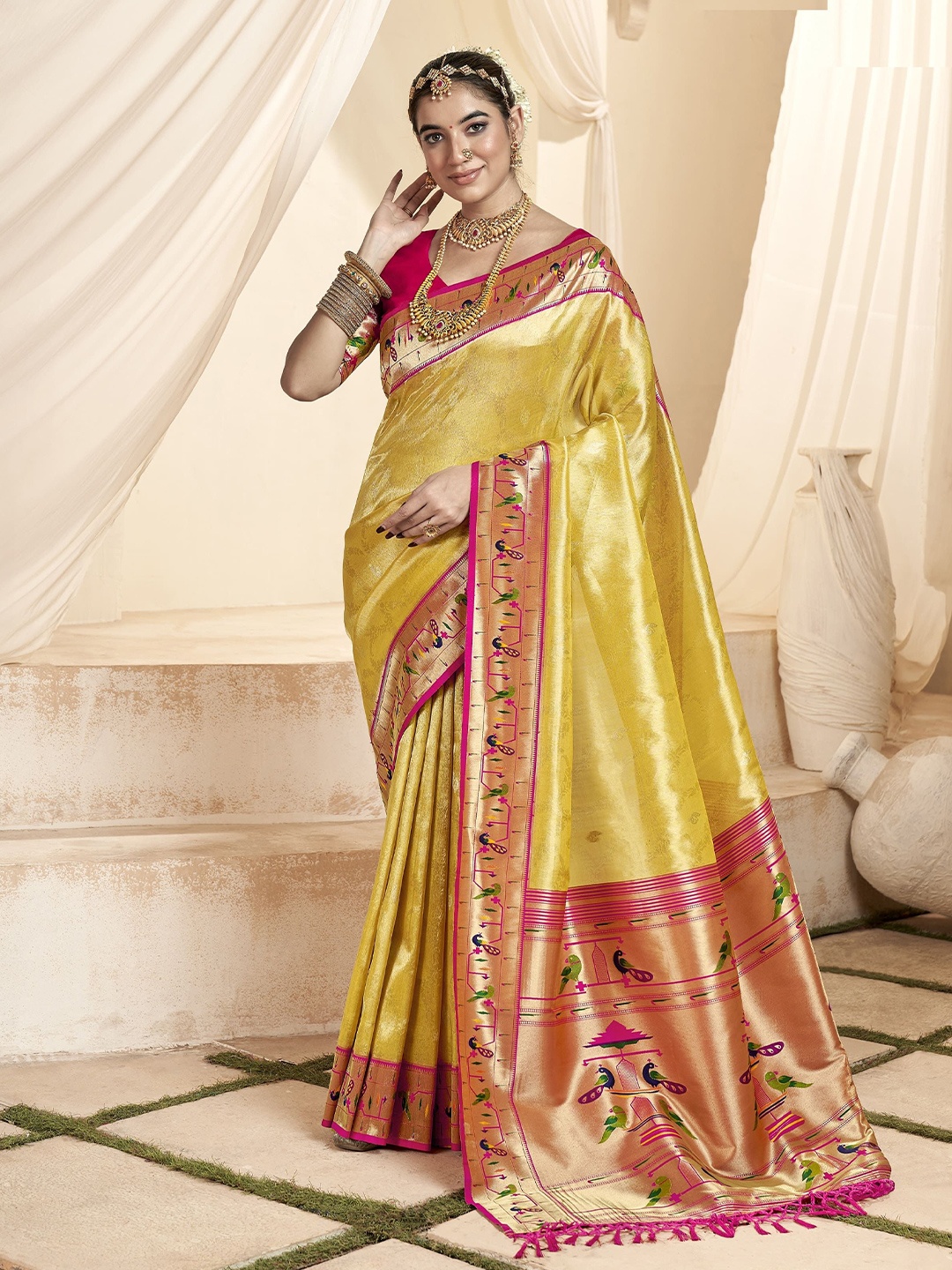 

MAHALASA Woven Design Zari Tissue Paithani Saree, Yellow