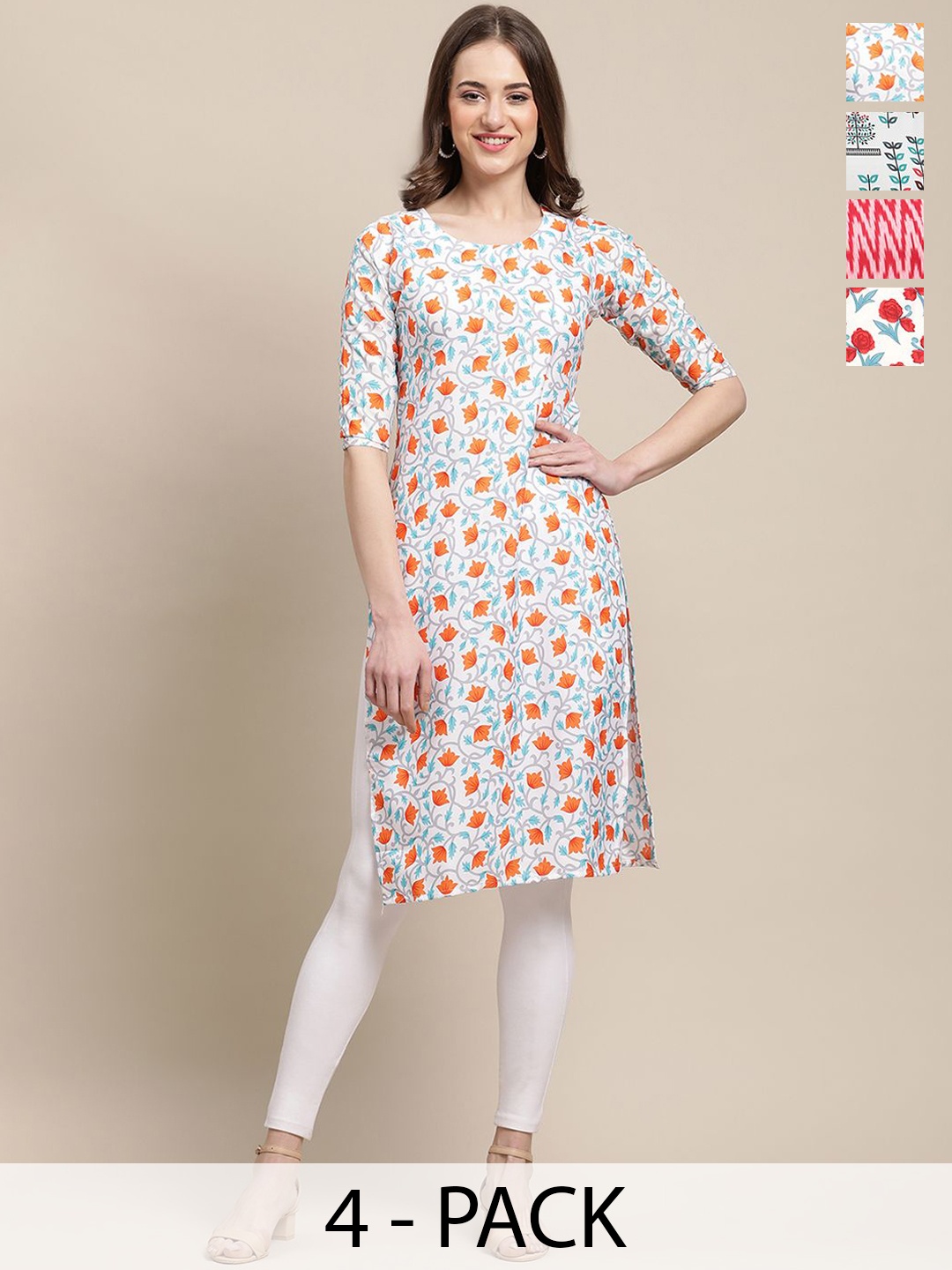 

7Threads Selection Of 4 Ethnic Motifs Printed Kurtas, Orange