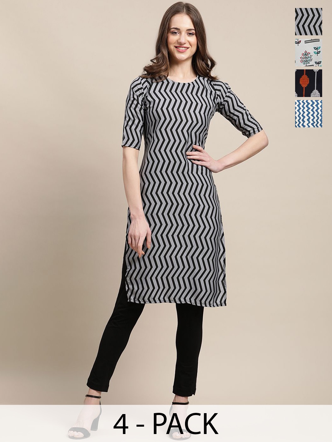 

7Threads Selection Of 4 Chevron Printed Round Neck Kurtas, Grey