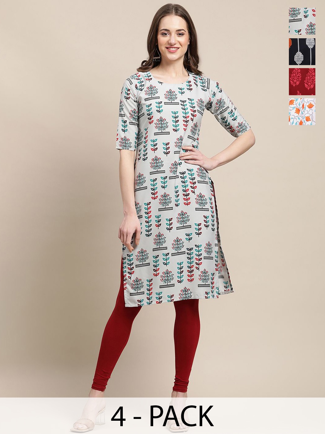 

7Threads Selection Of 3 Ethnic Motifs Round Neck Straight Kurtas, Grey