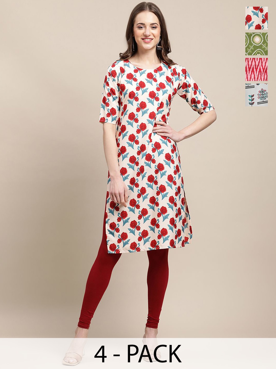 

7Threads Selection of 4 Floral Printed Round Neck Crepe Straight Kurtas, White