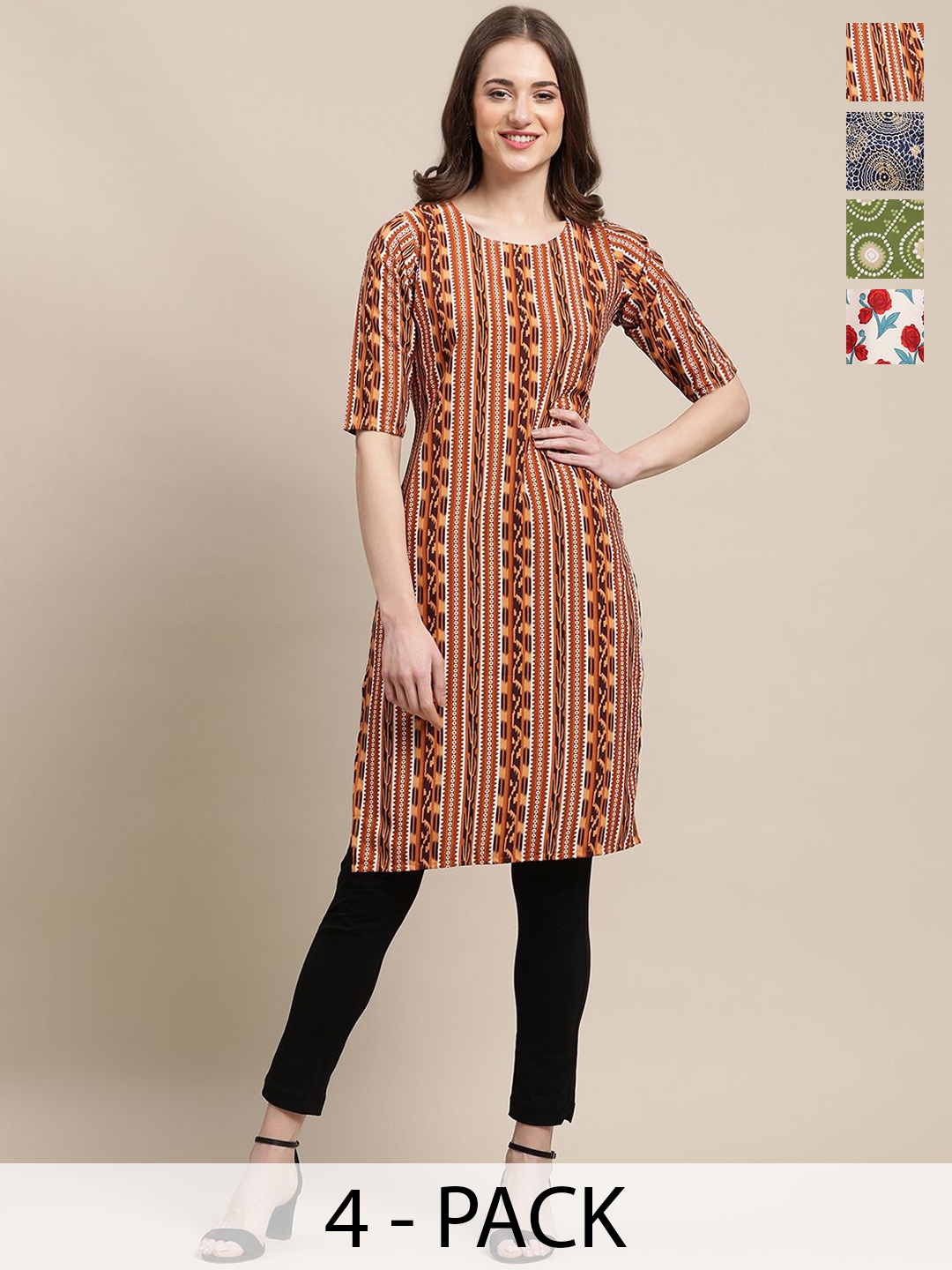 

7Threads Selection Of 4 Floral Printed Round Neck Straight Kurta, Brown