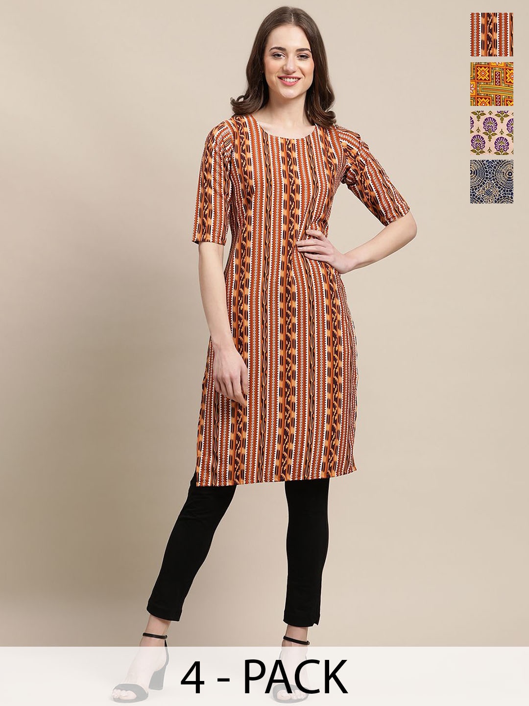 

7Threads Selection Of 4 Ethnic Motifs Printed Straight Kurtas, Mustard