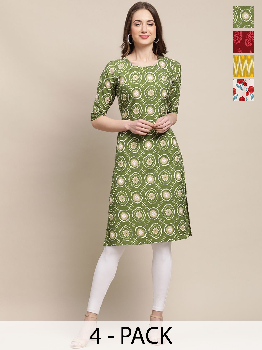 

7Threads Selection of 4 Ethnic Motifs Printed Round Neck Crepe Straight Kurta, Green