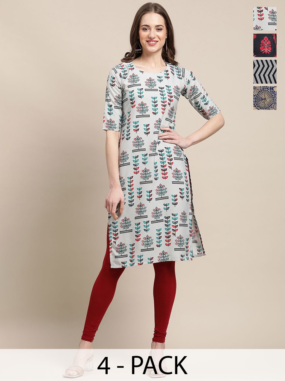 

7Threads Selection Of 4 Floral Printed Round Neck Regular Sleeves Straight Kurtas, Grey