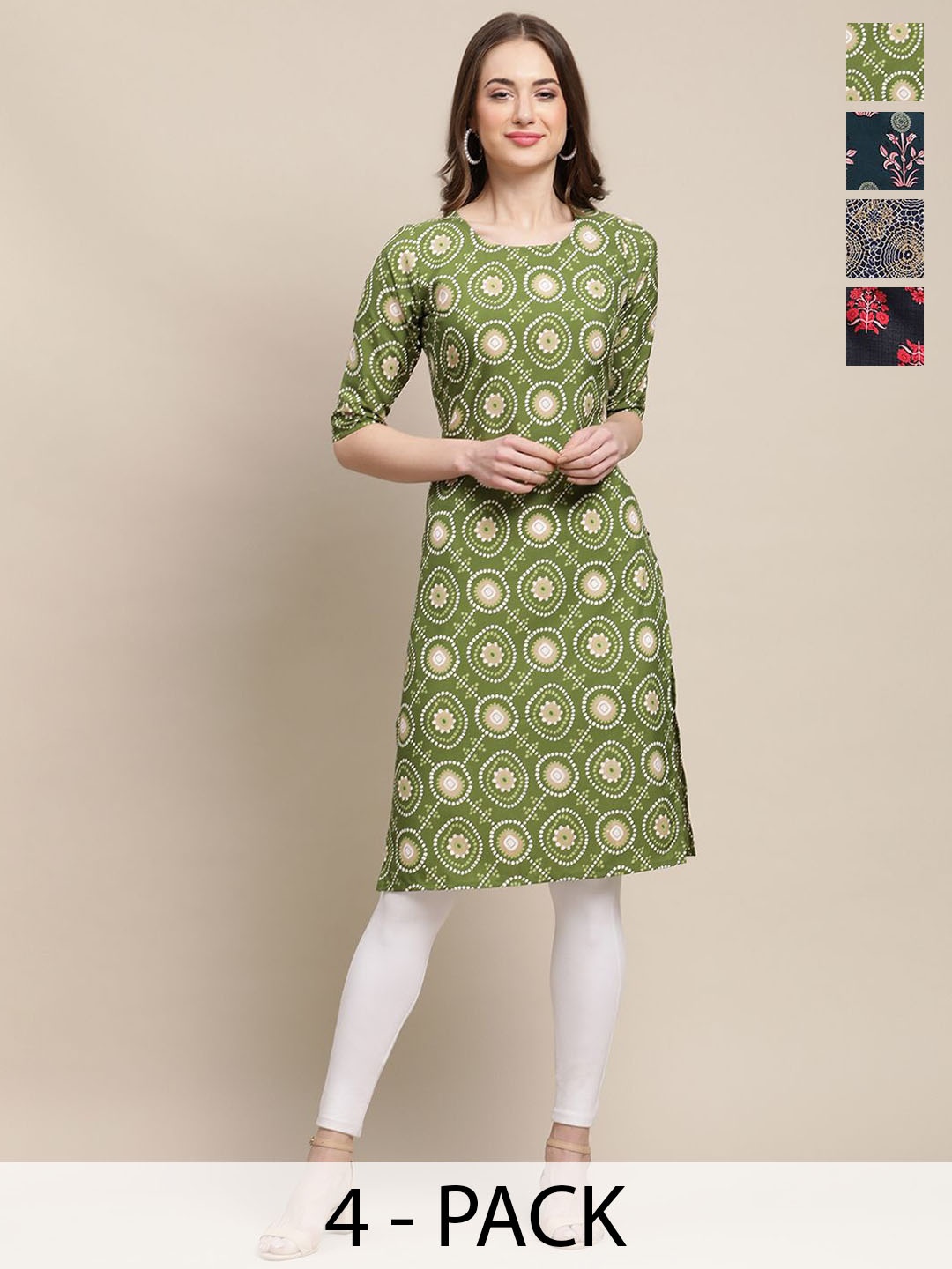 

7Threads Selection Of 4 Ethnic Motifs Round Neck Straight Kurtas, Green