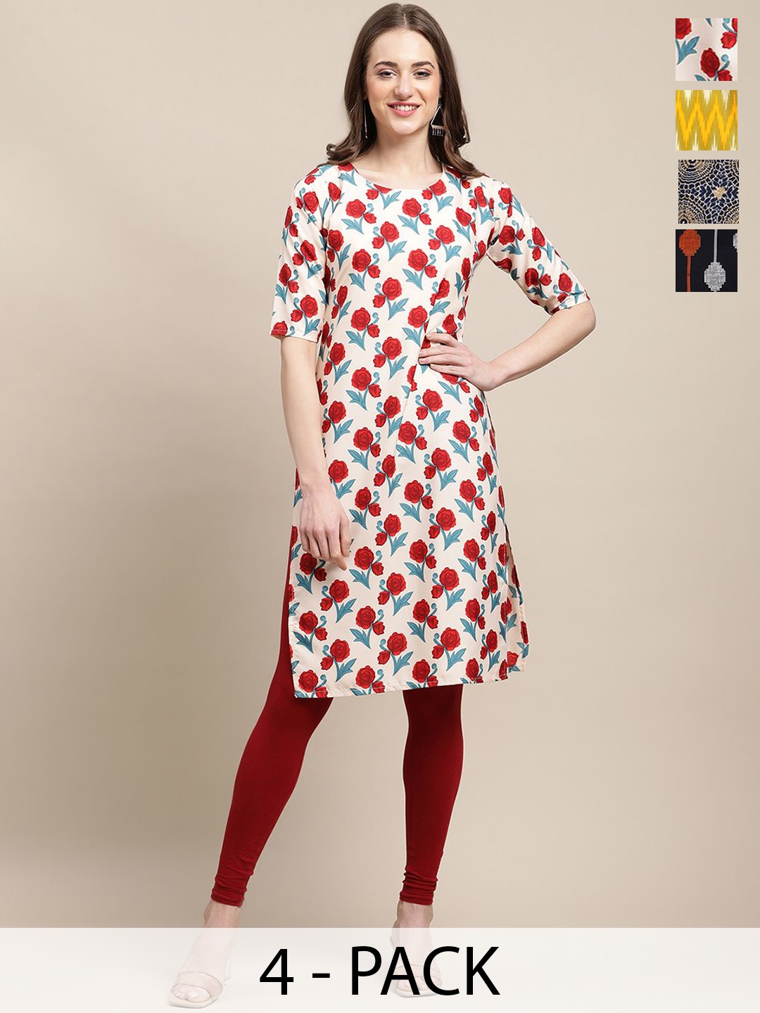 

7Threads Selection Of 4 Geometric Printed Round Neck Kurtas, Red