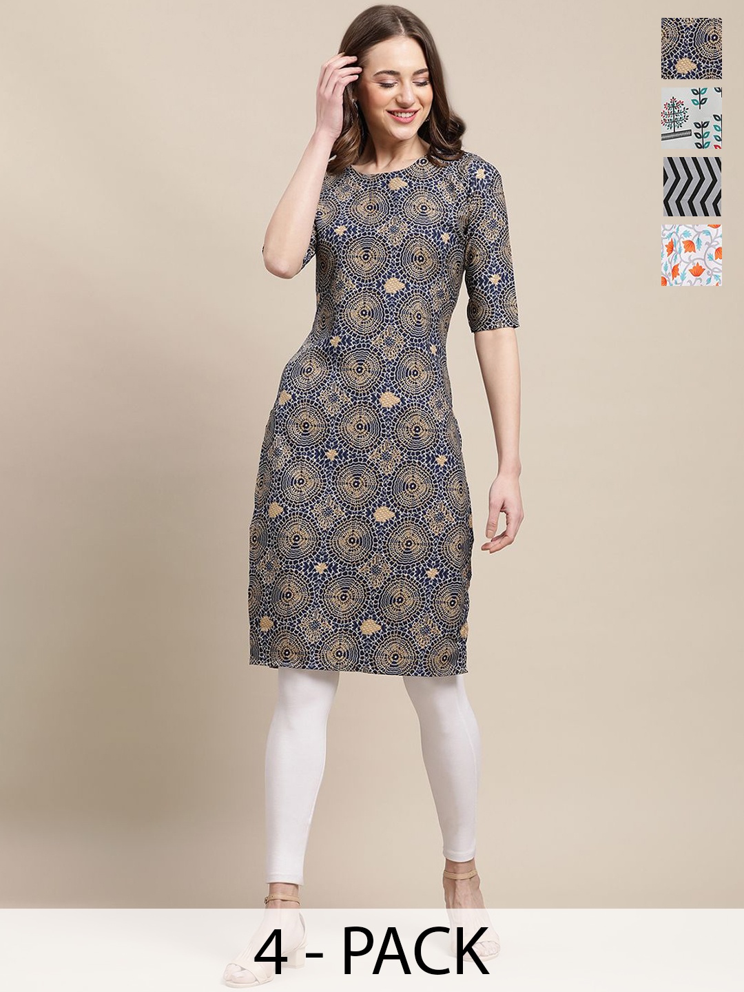 

7Threads Selection Of 4 Ethnic Motifs Printed Straight Kurtas, Navy blue