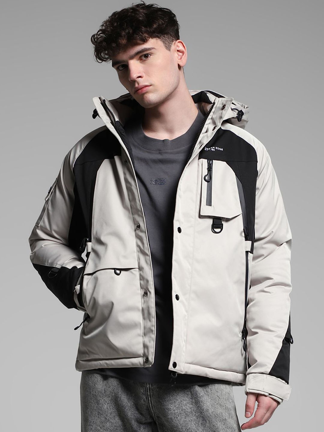 

Jack & Jones Men Hooded Colourblocked Casual Padded Jacket, Grey
