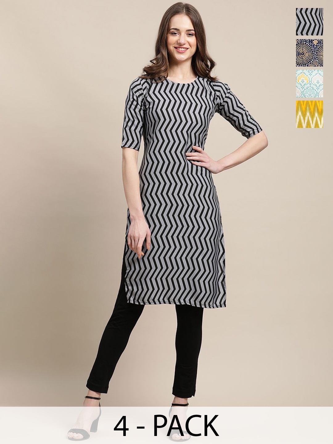 

7Threads Selection Of 4 Chevron Printed Round Neck Crepe Straight Kurtas, Navy blue