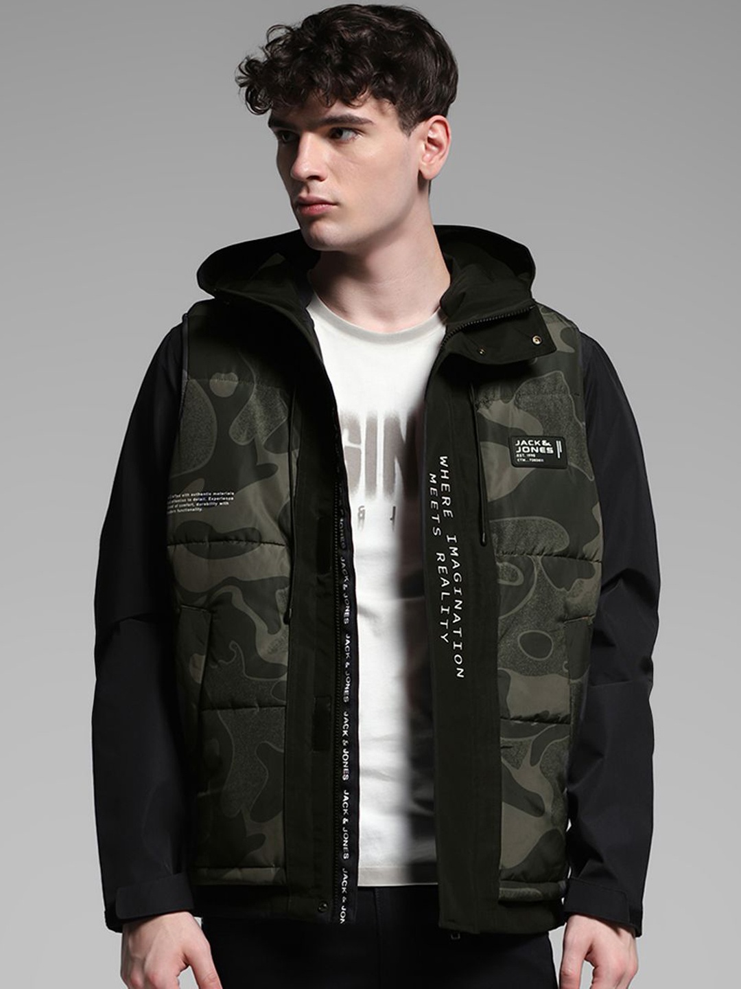

Jack & Jones Men Hooded Camouflage Printed Casual Gilet Jacket, Olive