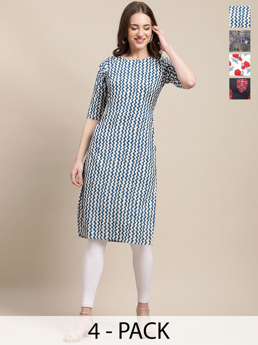 

7Threads Selections Of 4 Motifs Printed Straight Kurtas, Blue