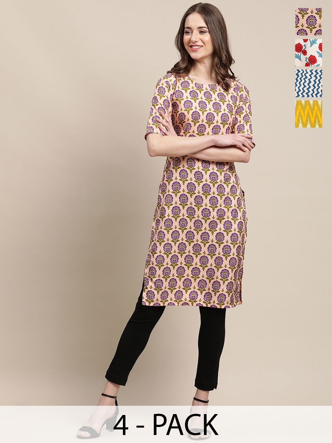 

7Threads Selection Of 4 Floral Printed Round Neck Kurtas, Yellow