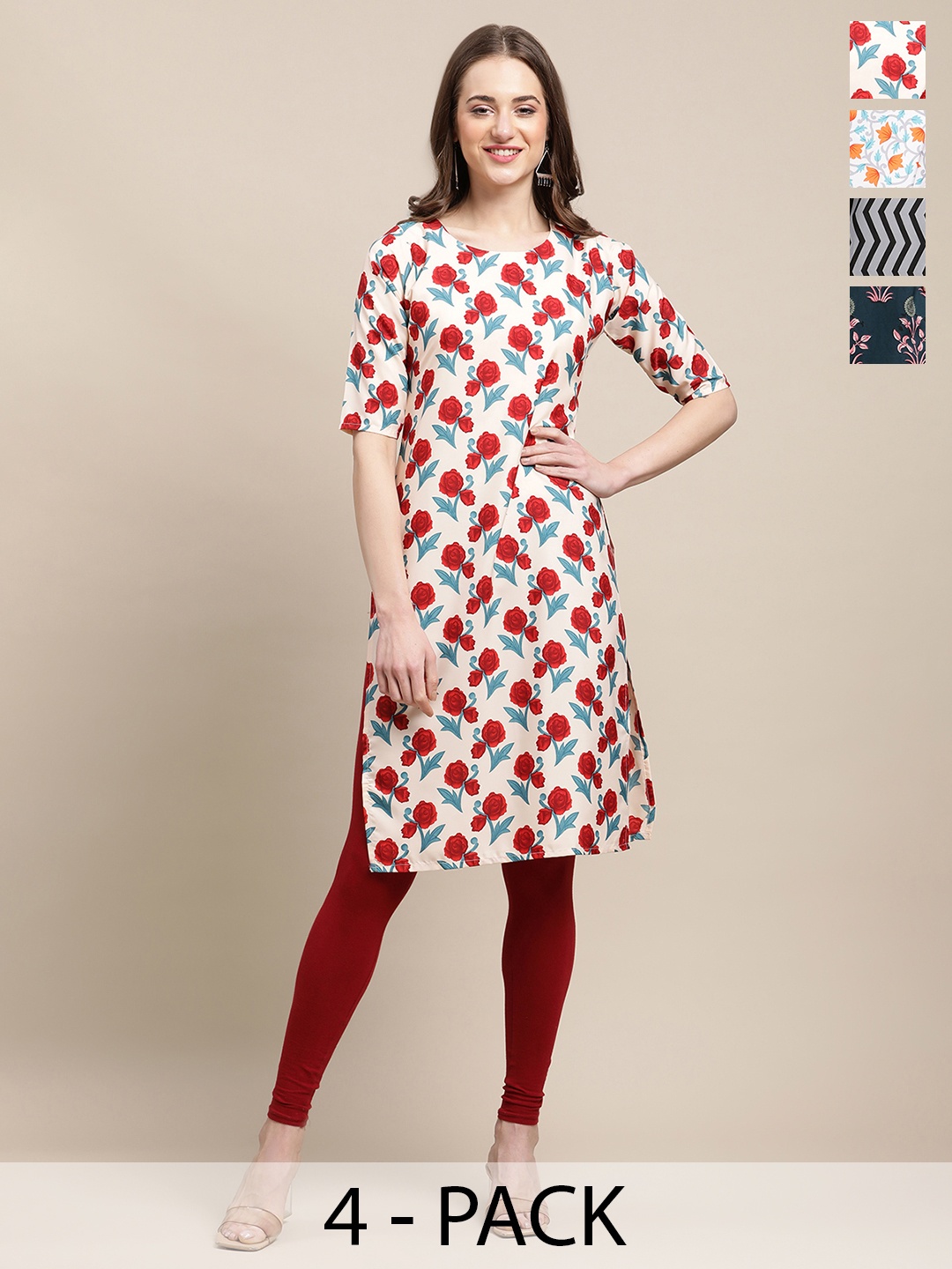 

7Threads Selection Of 4 Floral Printed Straight Kurta, White