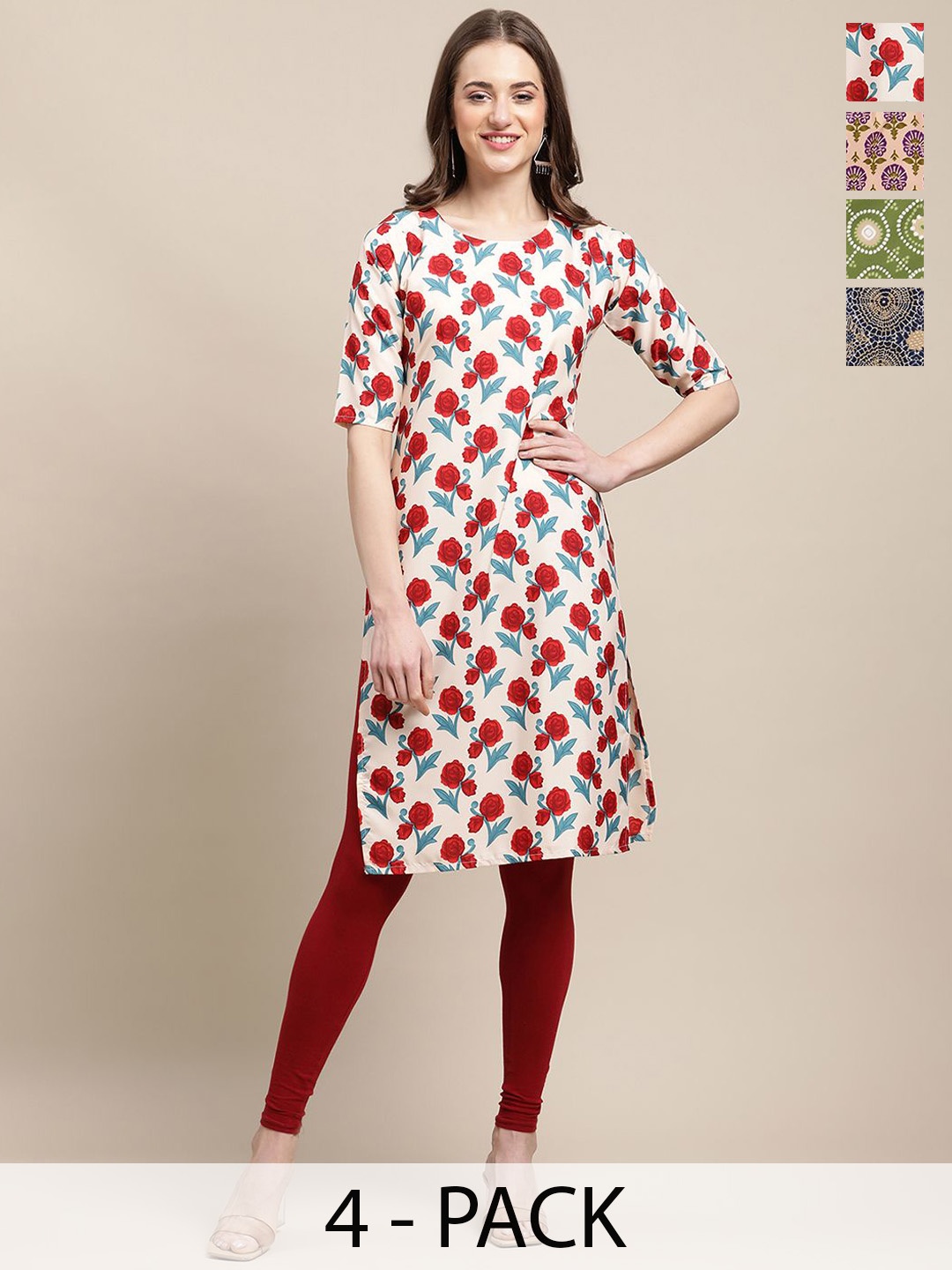 

7Threads Set Of 4 Floral Printed Round Neck Regular Sleeves Machine Weave Straight Kurta, White