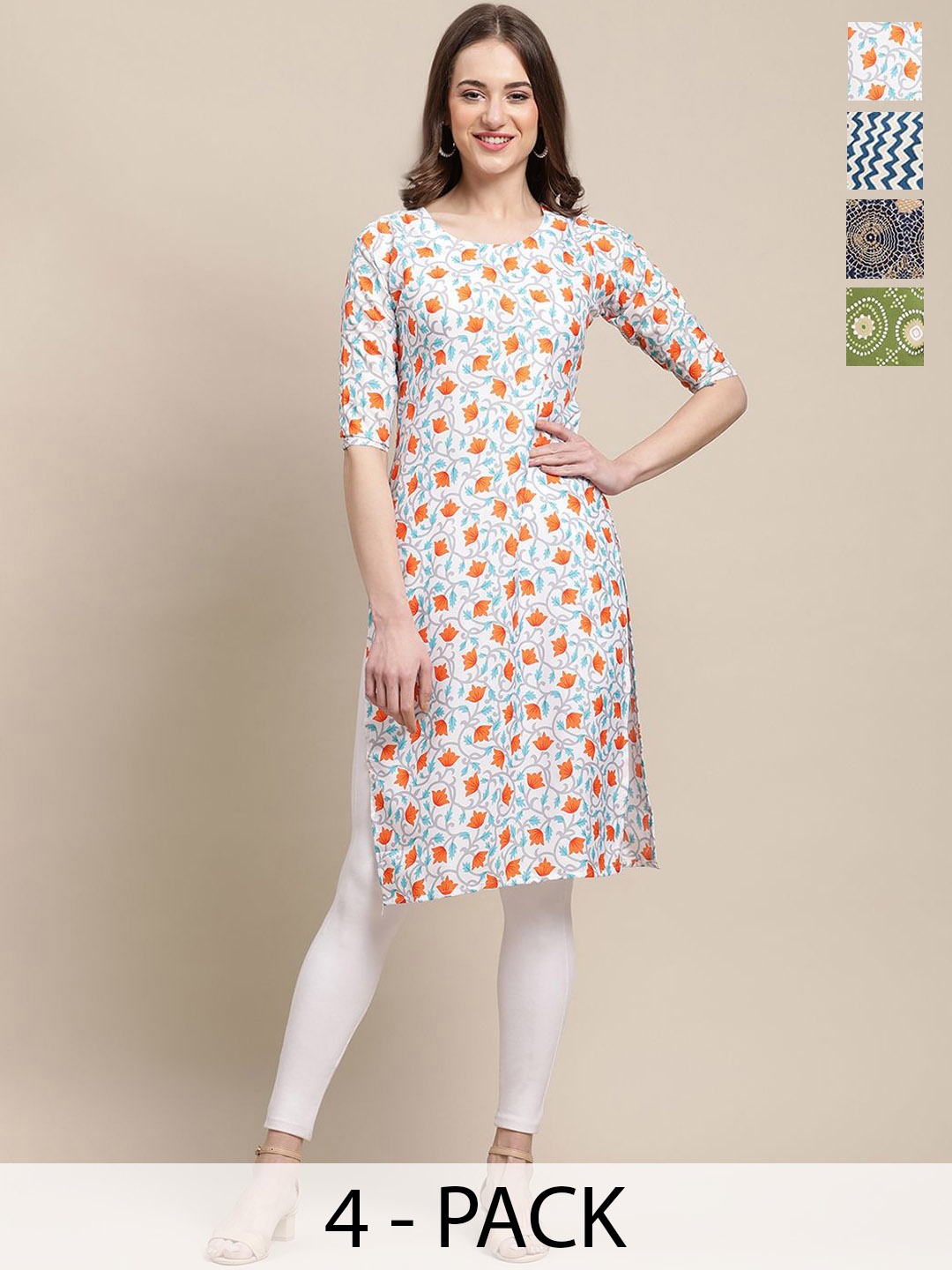

7Threads Selection Of 4 Floral Printed Round Neck Crepe Straight Kurta, Blue