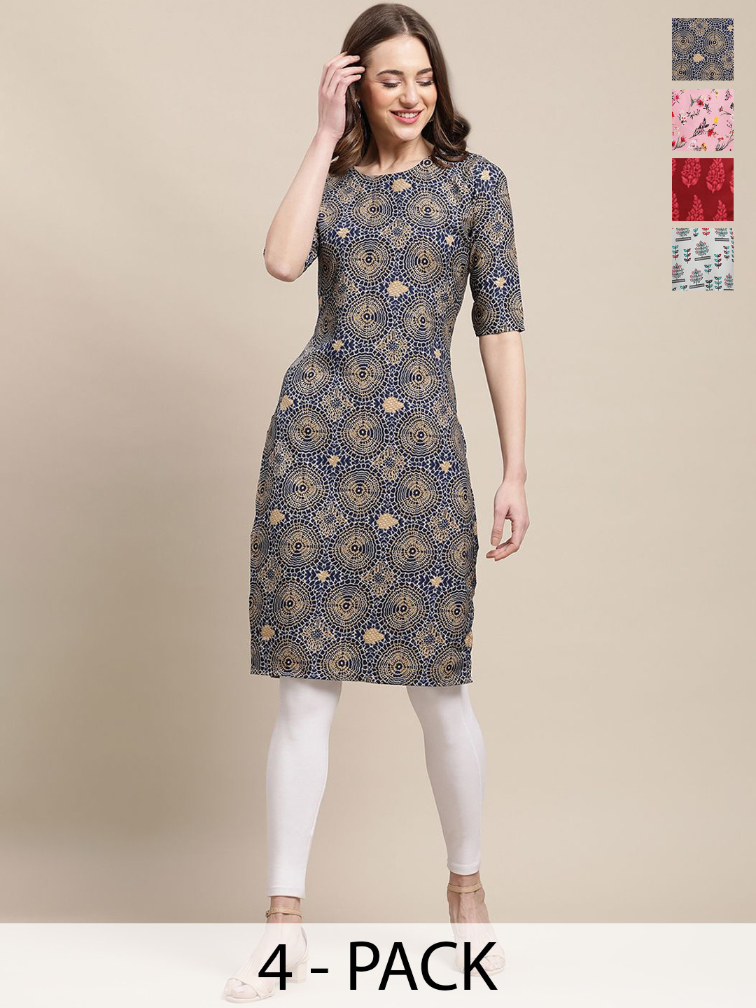 

7Threads Set Of 4 Ethnic Motifs Printed Round Neck Machine Weave Straight Kurta, Navy blue