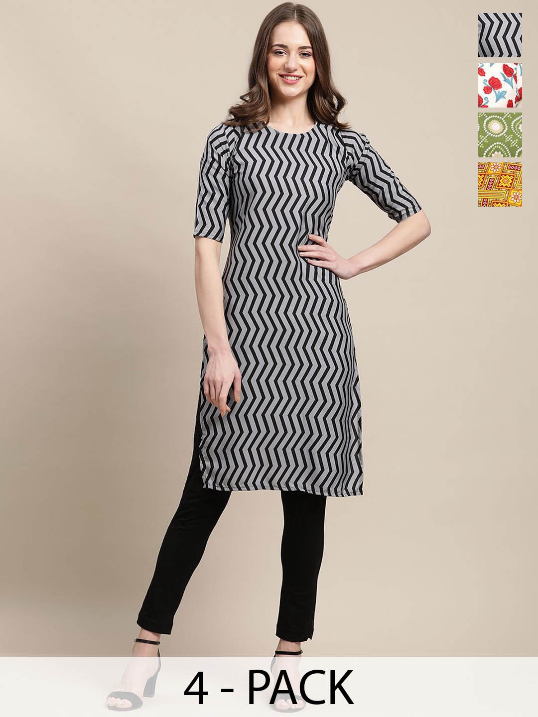 

7Threads Selection Of 4 Ethnic Motifs Printed Straight Kurtas, Grey