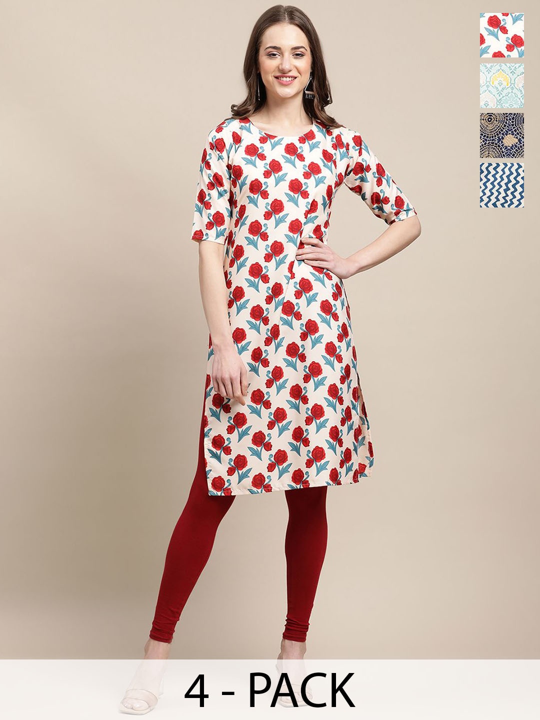 

7Threads Selection Of 4 Ethnic Motifs Printed Straight Crepe Kurta, Red