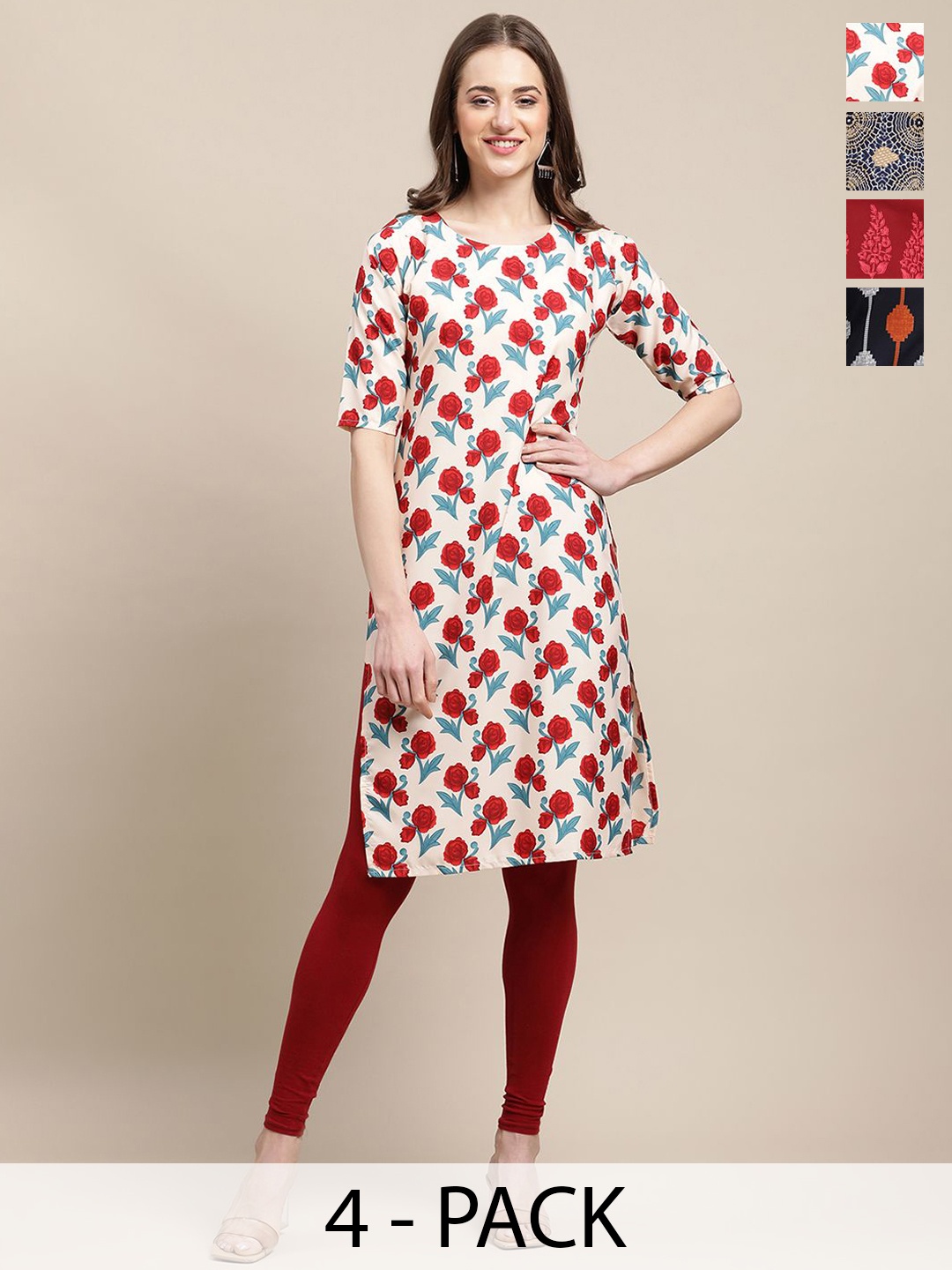

7Threads Selection Of 4 Floral Printed Round Neck Kurtas, White