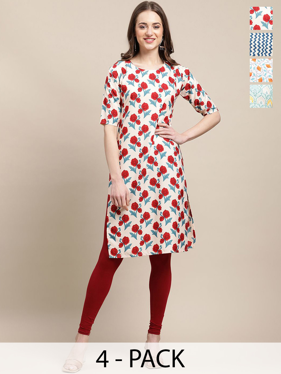

7Threads Pack Of 4 Floral Printed Round Neck Straight Crepe Kurta, Red
