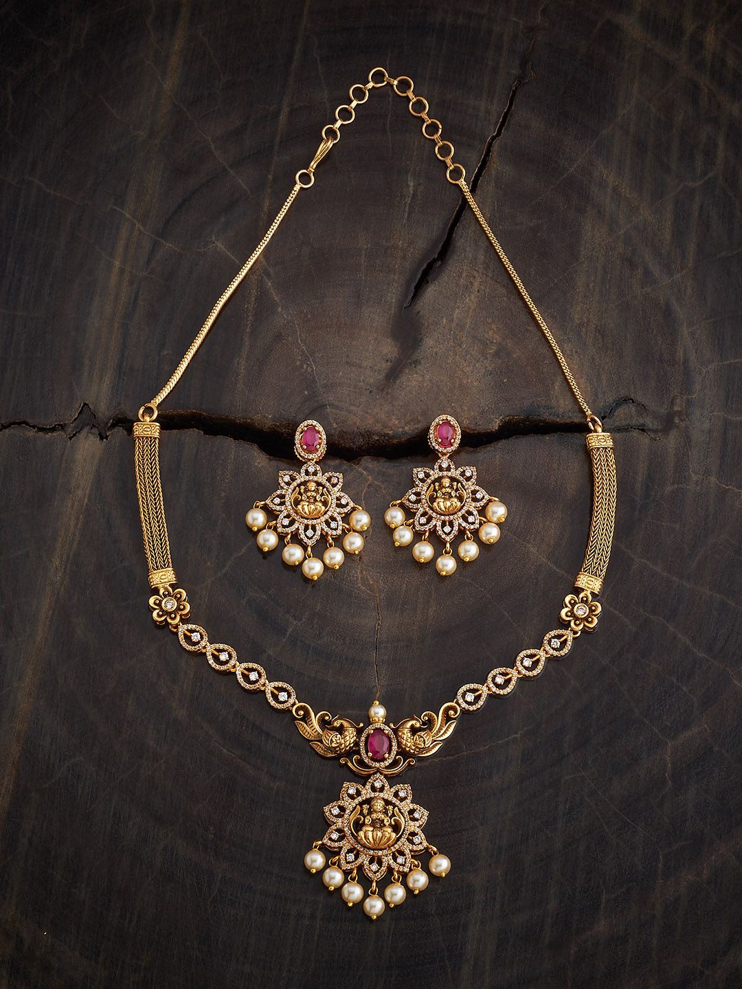 

Kushal's Fashion Jewellery Gold-Plated Ruby Studded Antique Jewellery Set