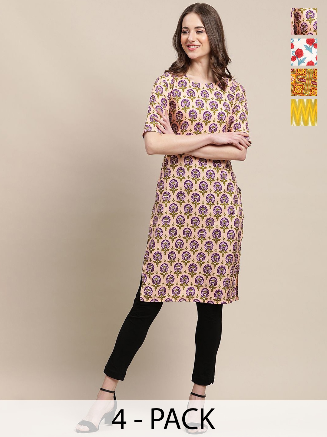

7Threads Selection Of 4 Ethnic Motifs Printed Round Neck Straight Crepe Kurtas, Beige