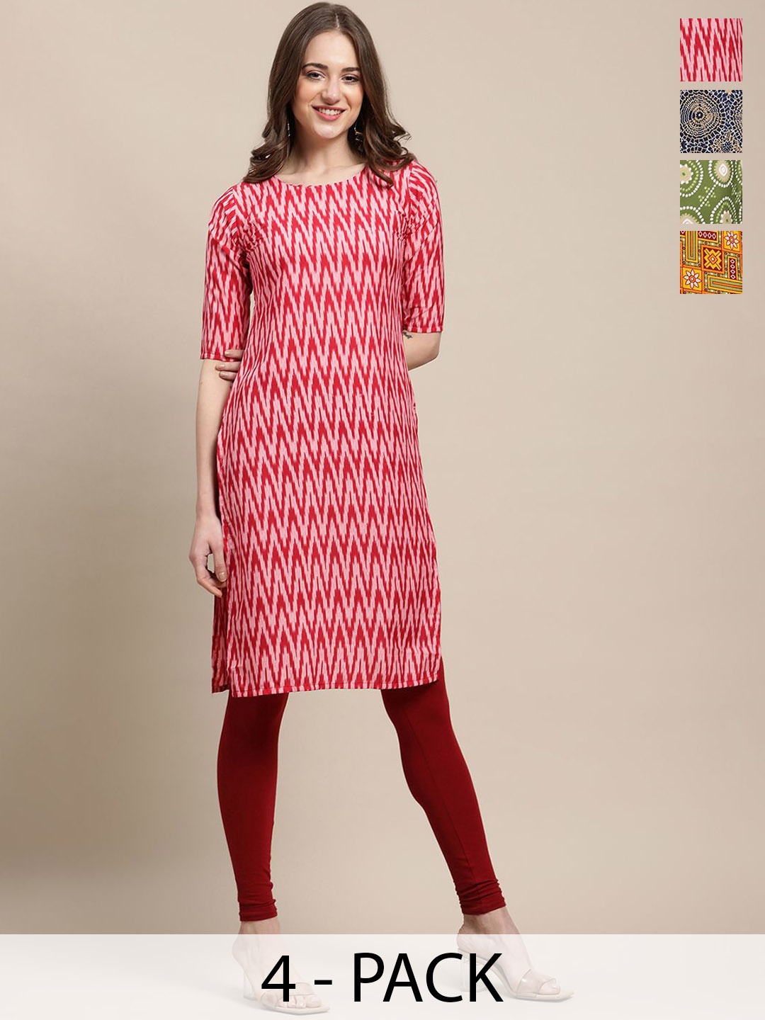 

7Threads Selection Of 4 Ethnic Motifs Printed Straight Kurtas, Red