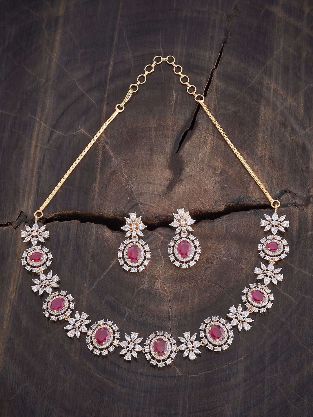 

Kushal's Fashion Jewellery Rhodium-Plated Ruby & Cubic Zirconia Studded Jewellery Set, Gold