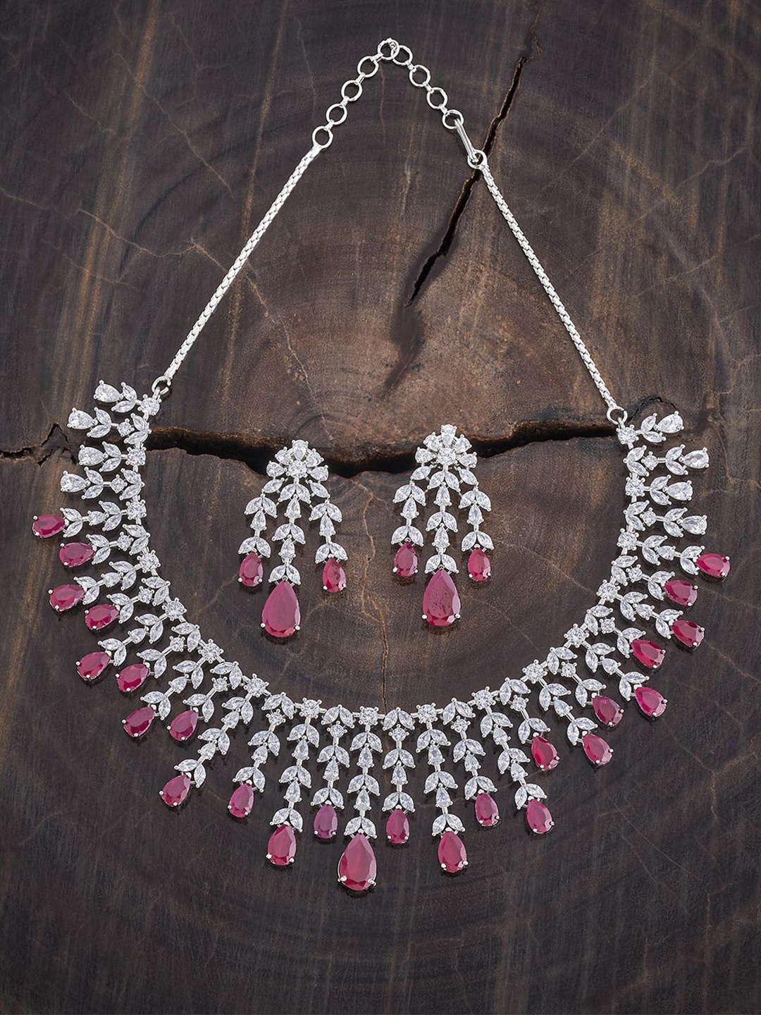 

Kushal's Fashion Jewellery Rhodium-Plated Ruby & Cubic Zirconia Studded Jewellery Set, Silver