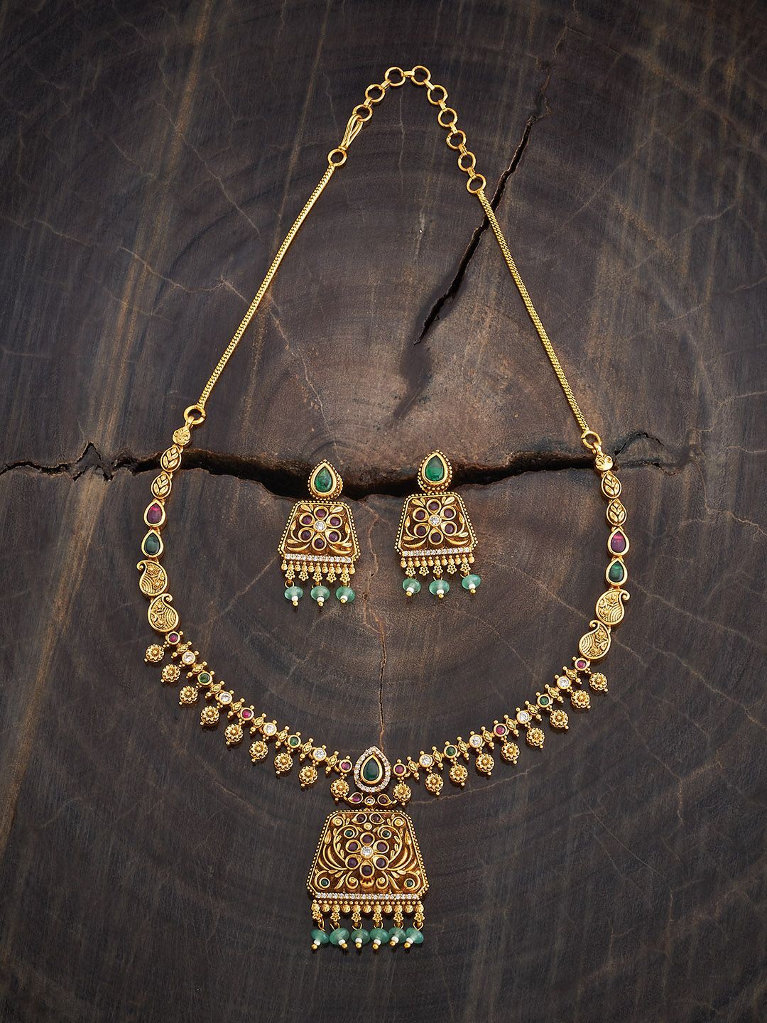 

Kushal's Fashion Jewellery Gold-Plated Ruby Studded Antique Jewellery Set