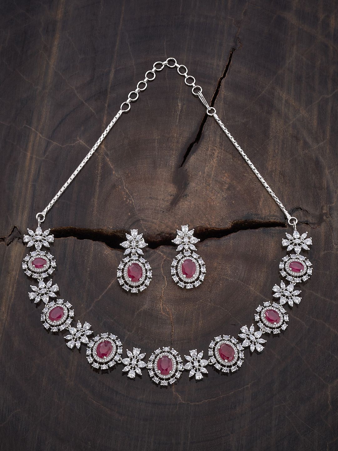 

Kushal's Fashion Jewellery Rhodium-Plated Ruby & Cubic Zirconia Studded Jewellery Set, Silver