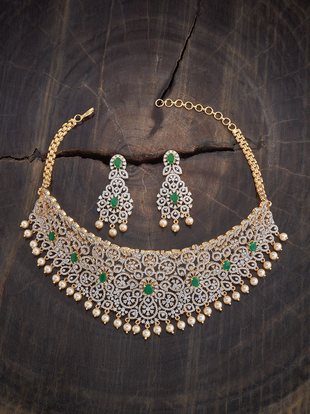 

Kushal's Fashion Jewellery Rhodium-Plated Cubic Zirconia Studded Jewellery Set, Gold
