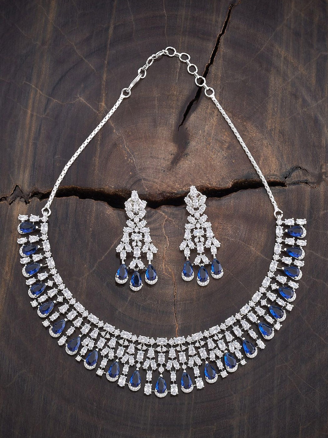 

Kushal's Fashion Jewellery Sapphire Rhodium-Plated Cubic Zirconia Studded Jewellery Set, Silver